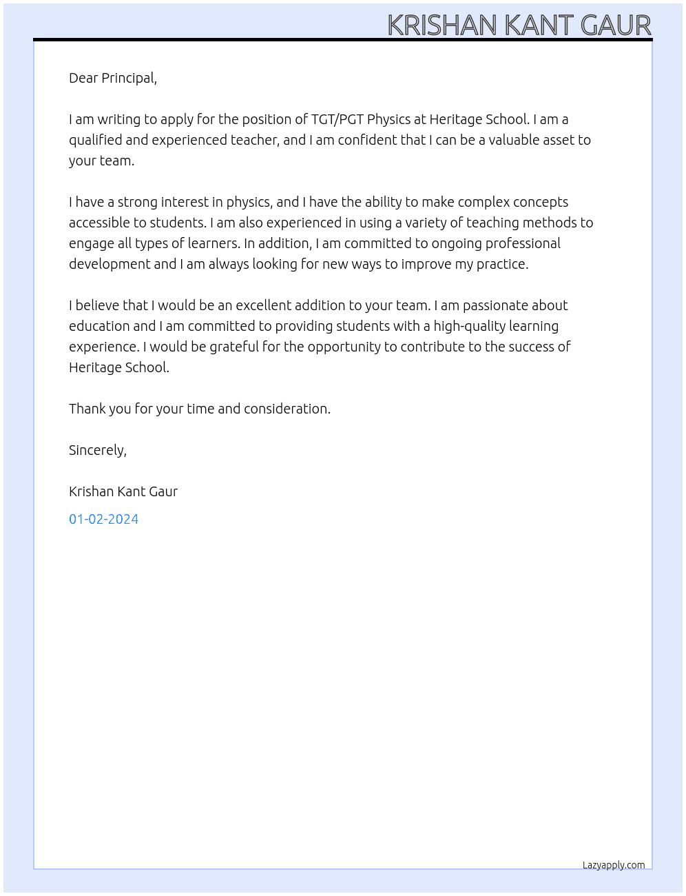 TGT/PGT PHYSICS At Heritage School Cover Letter