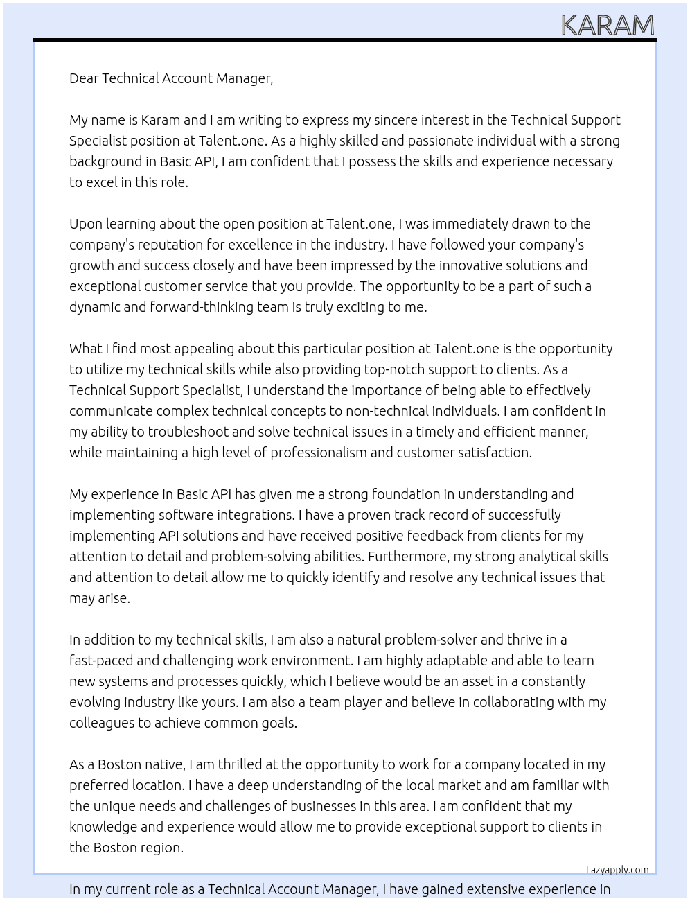 Technical Support Specialist At Talent.one Cover Letter