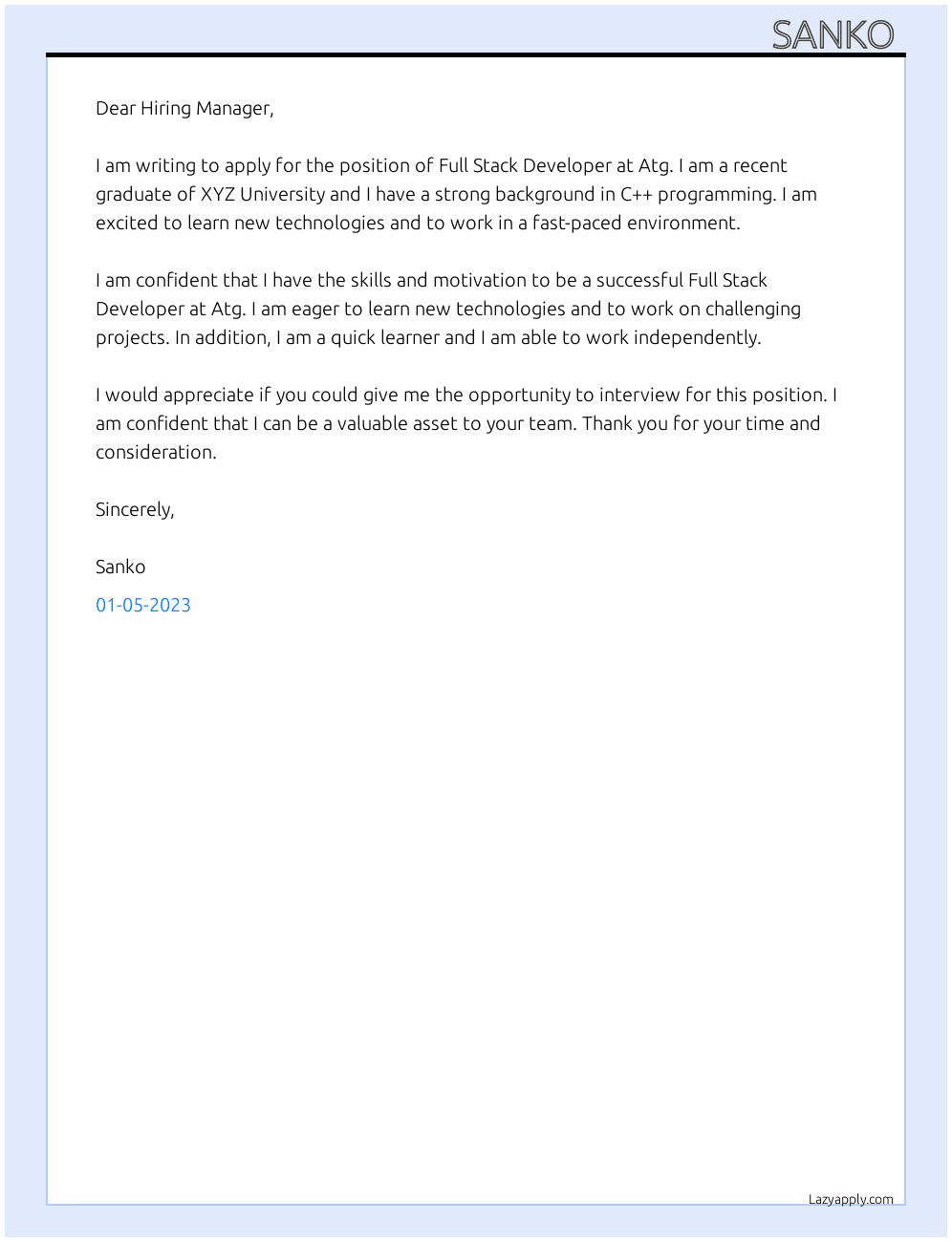 Full stack developer  At Atg Cover Letter