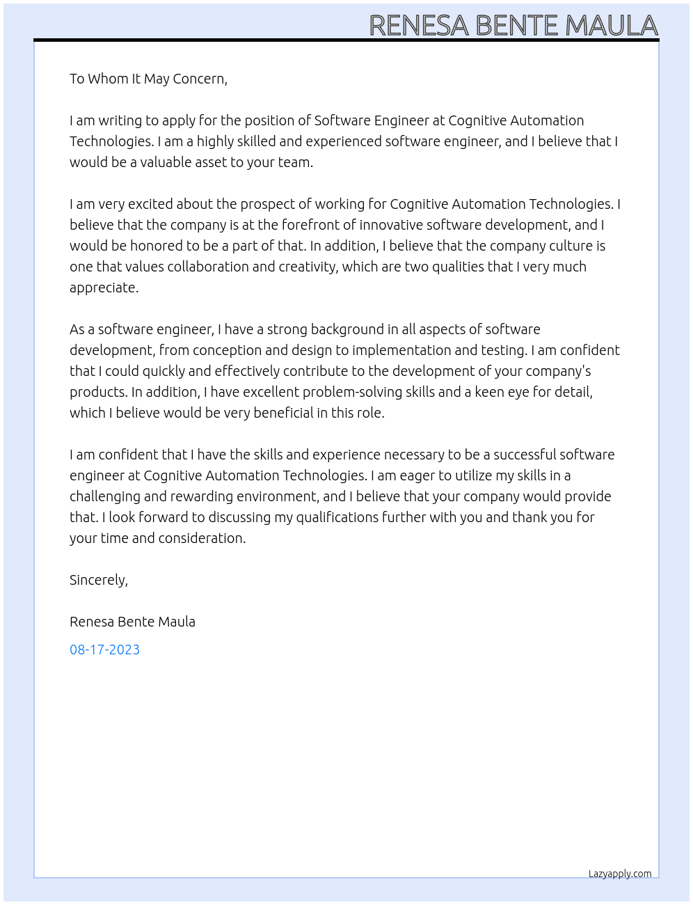 Software Engineer At Cognitive Automation Technologies Cover Letter