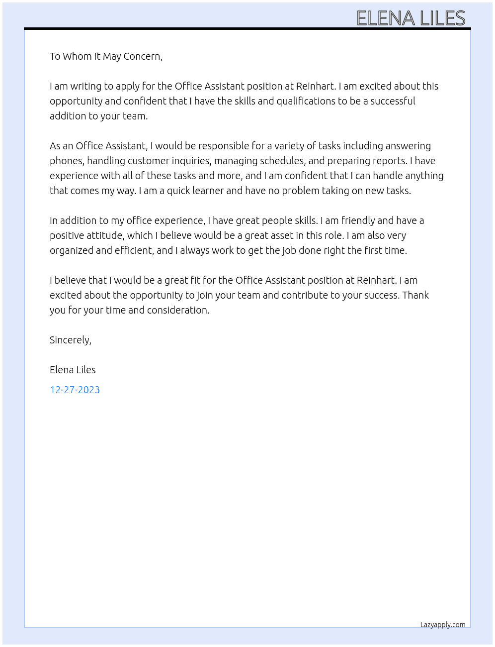 Office assistant  At Reinhart  Cover Letter