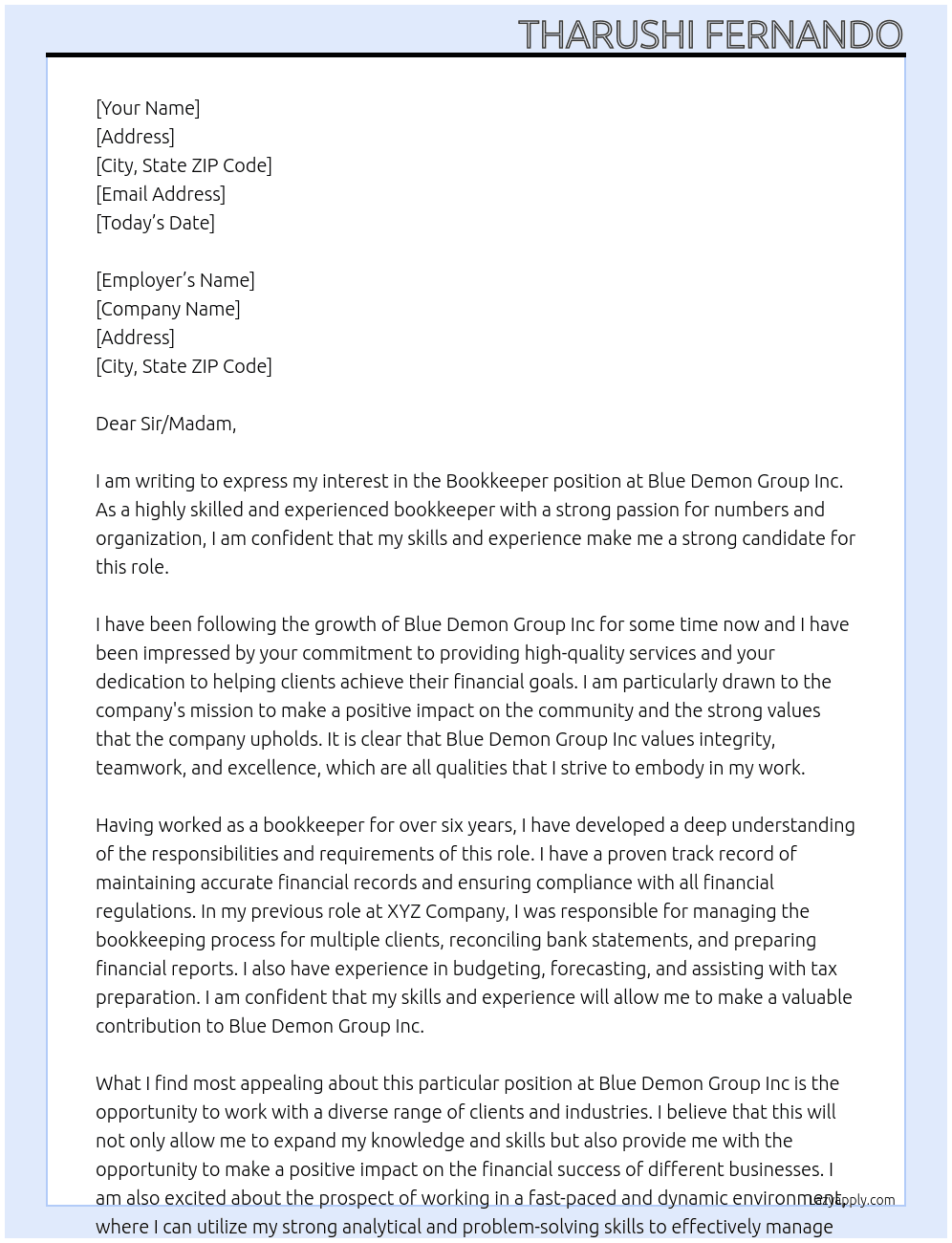 Bookkeeper  At Blue Demon Group Inc Cover Letter