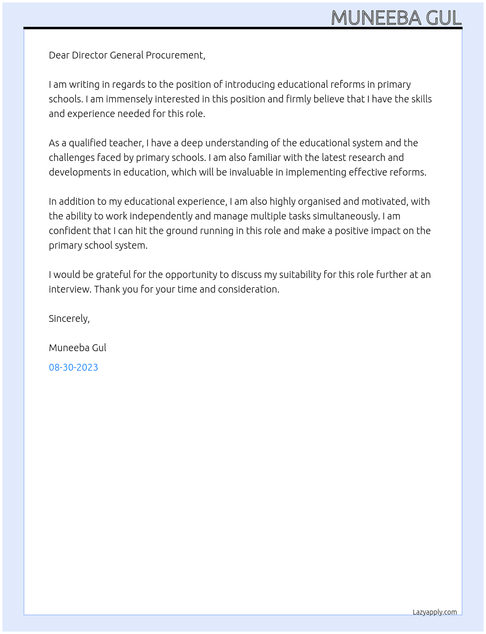 introducing educational reforms in primary schools At ministry of education and training Cover Letter