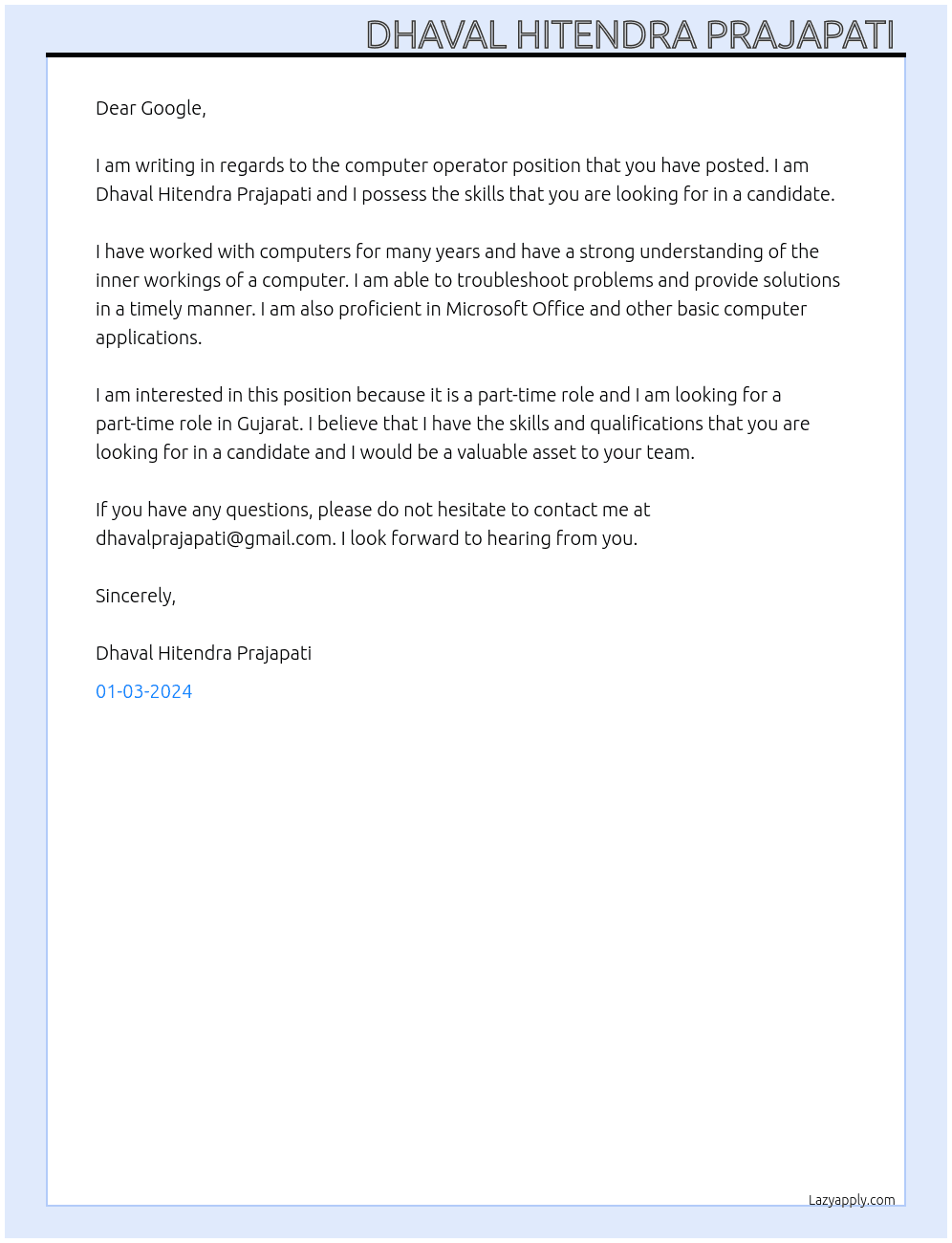Computer Operator  At Working part time Cover Letter