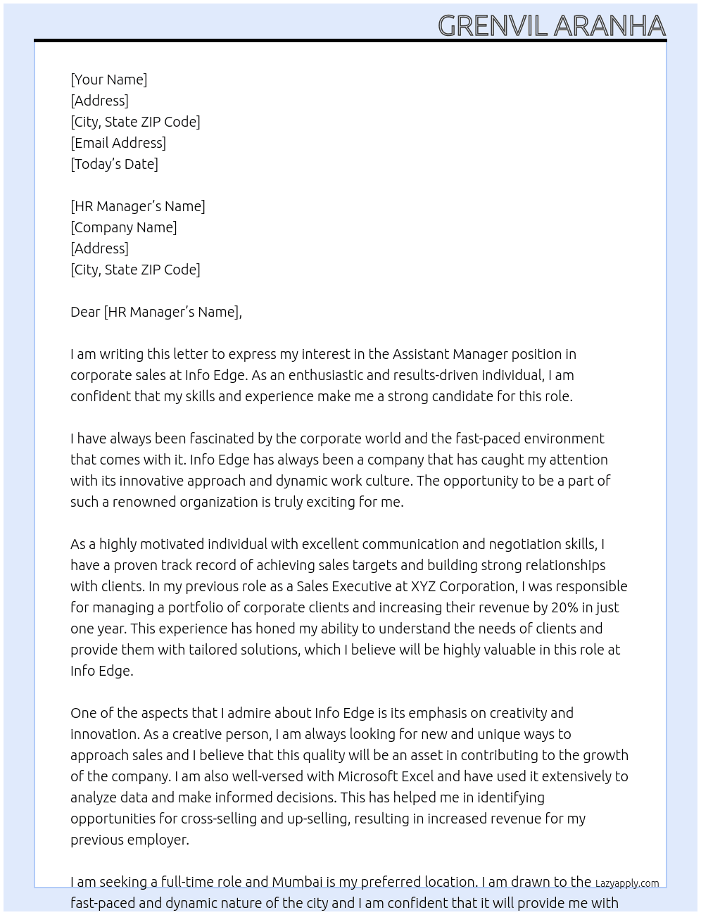 Assistant manager in corporate sales  At Info edge Cover Letter