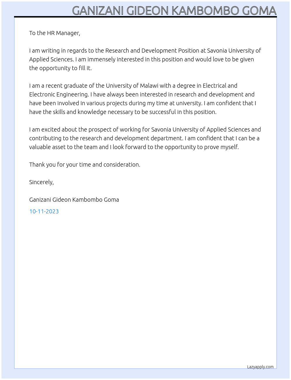 Research and Development Position At Savonia University of Applied Sciences Cover Letter