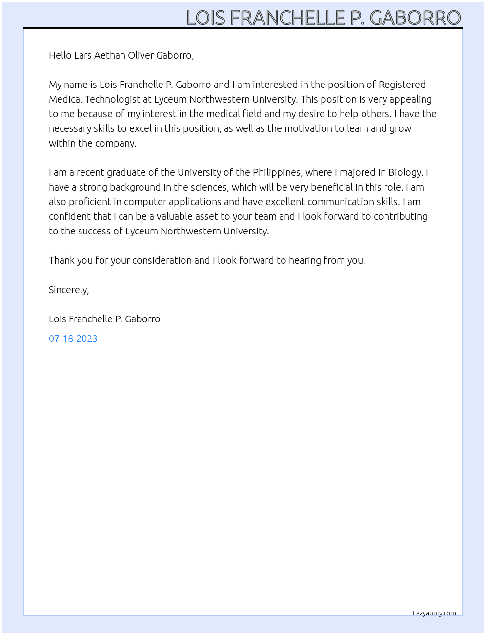 Registered Medical Technologist At Lyceum Northwestern University Cover Letter