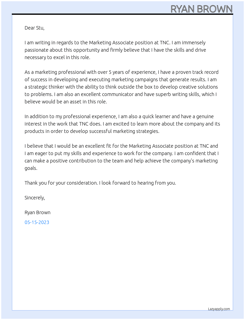 Marketing Associate At TNC Cover Letter