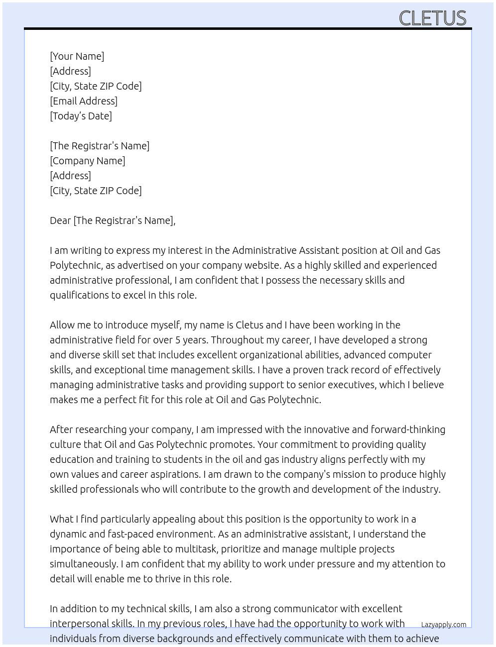 Administrative Assisitant At Oil and Gas Polytenic Cover Letter