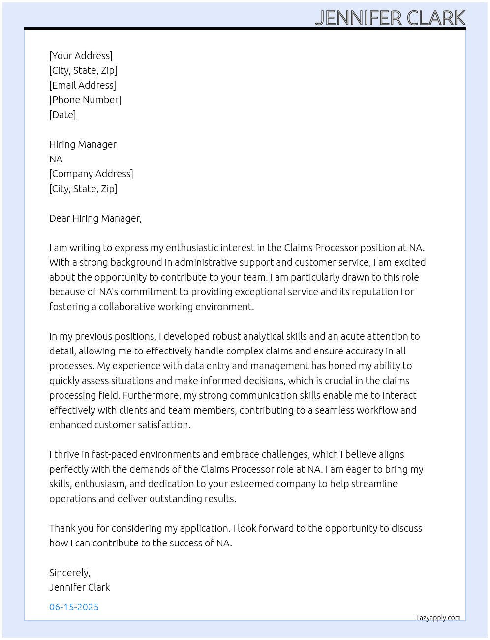 Cover letter for claims processor - LazyApply