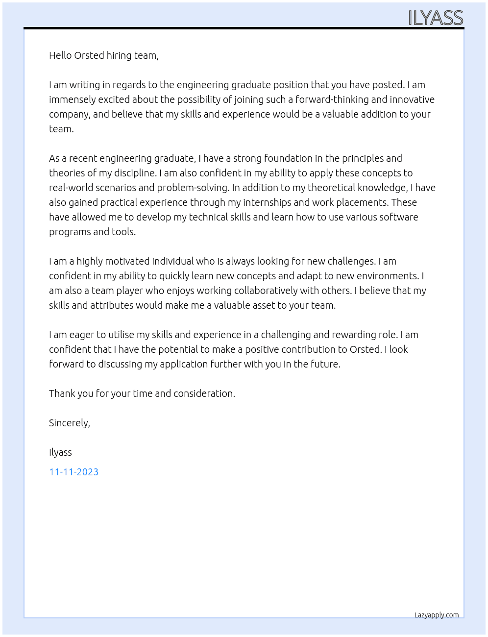 Engineering Graduate At Orsted Cover Letter