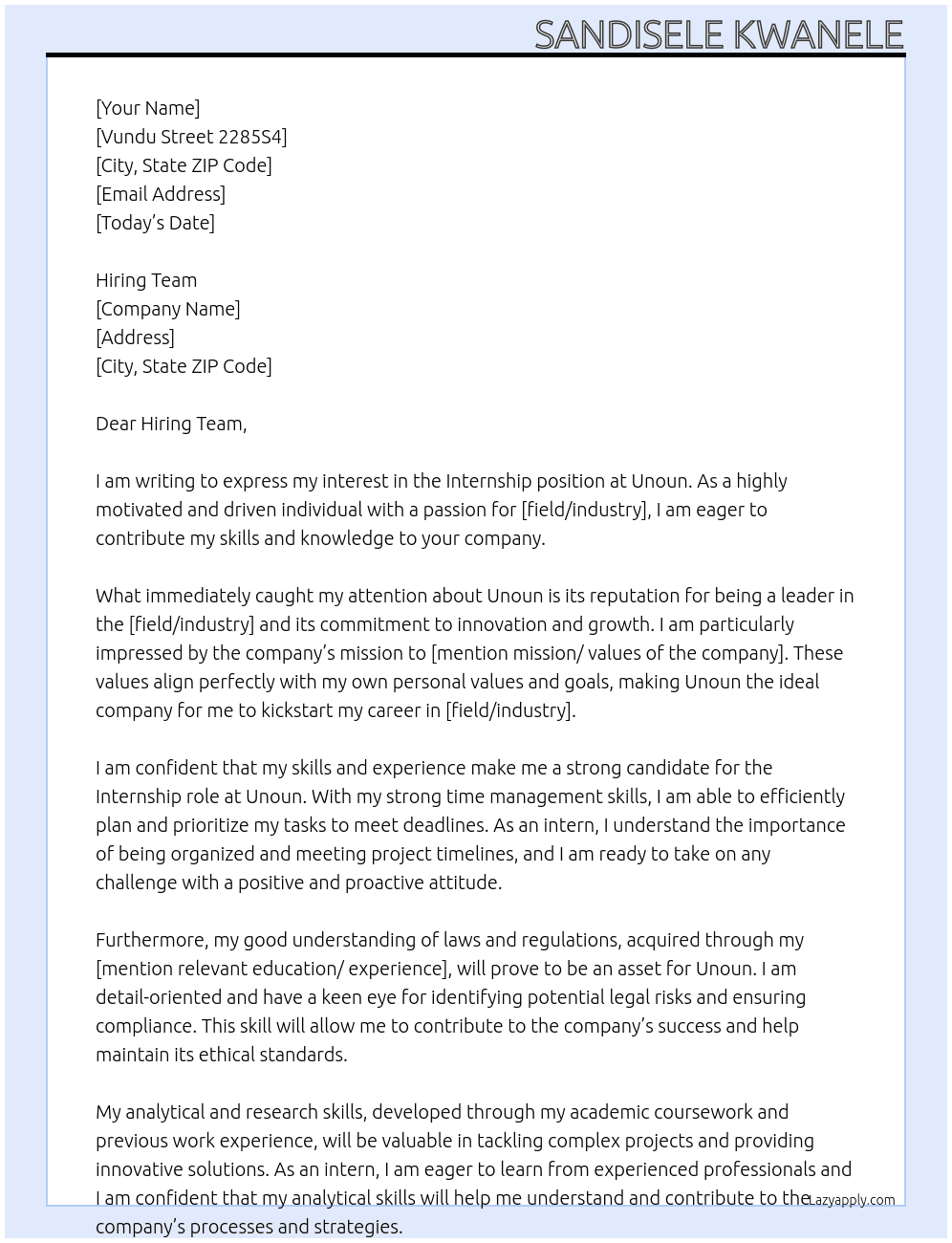 Internship  At Unoun Cover Letter