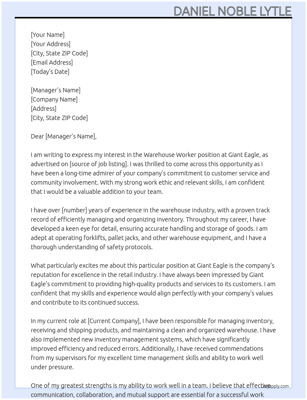 Warehouse Worker At Giant Eagle Cover Letter