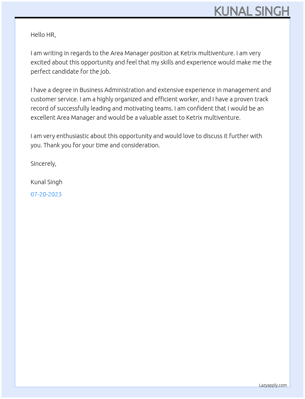 Area manager At Ketrix multiventure Cover Letter