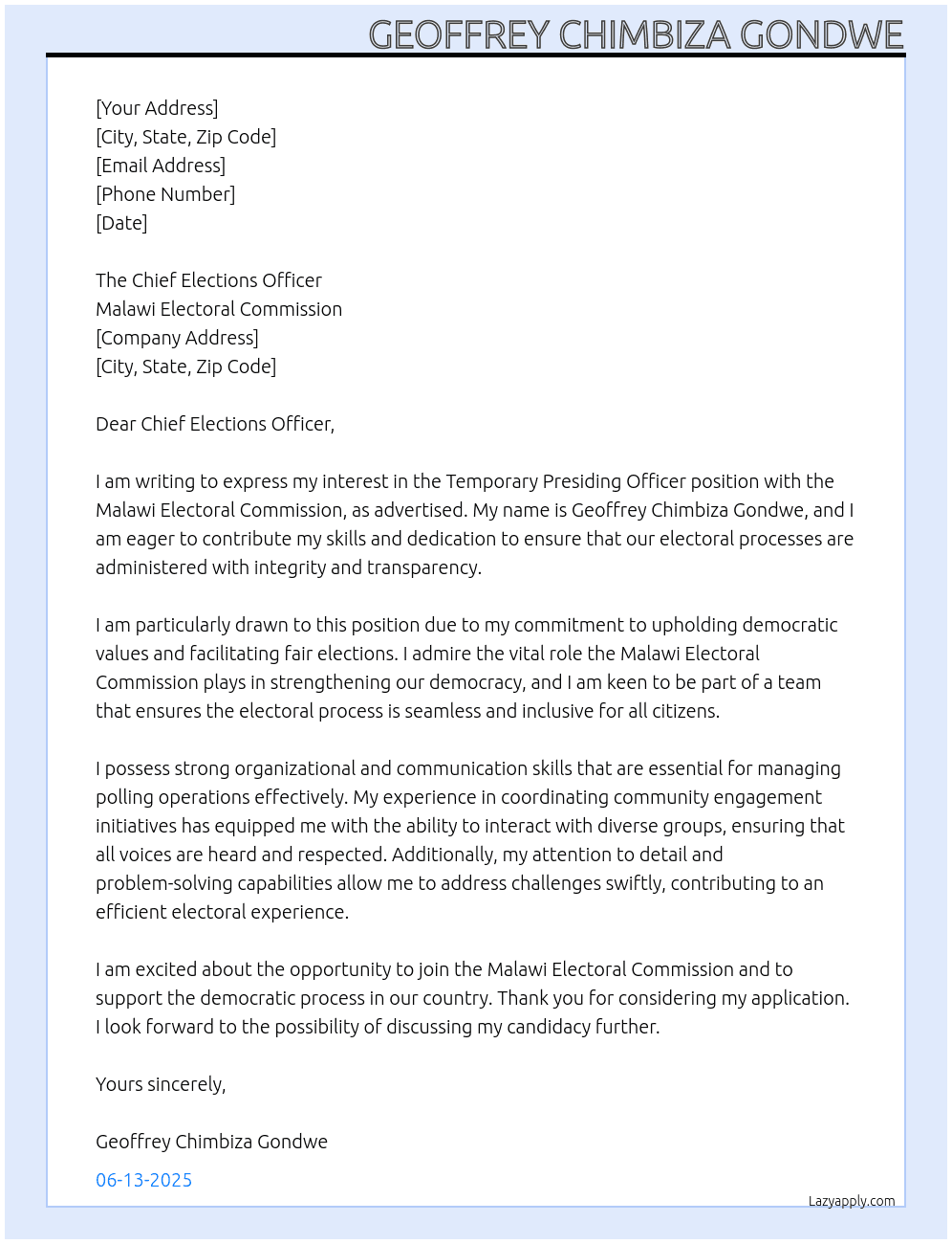 Temporary Presiding Officer At Malawi Electoral Commision  Cover Letter