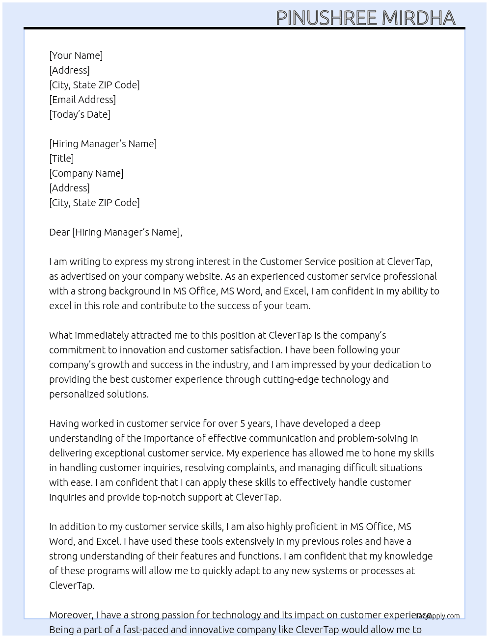 Customer service  At CleverTap Cover Letter