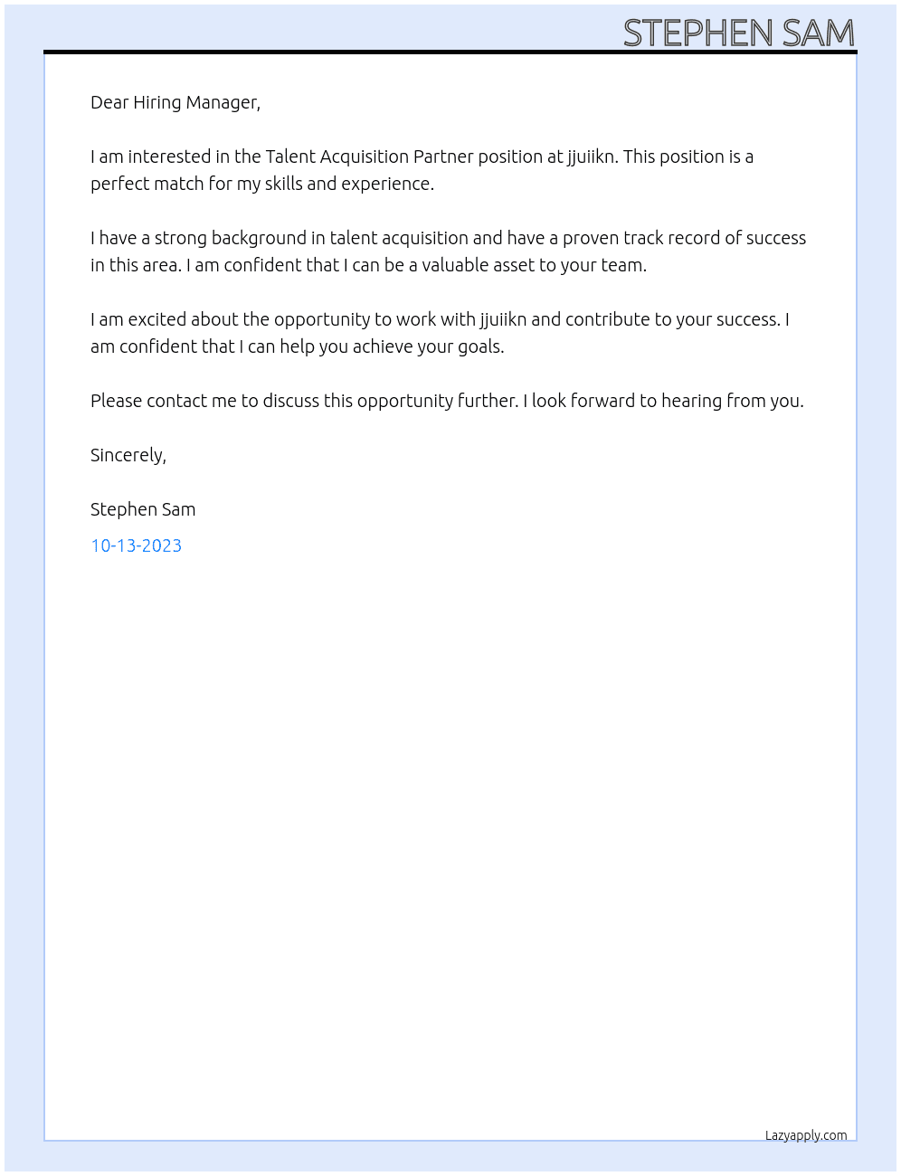 Talent Acquisition Partner At jjuiikn Cover Letter