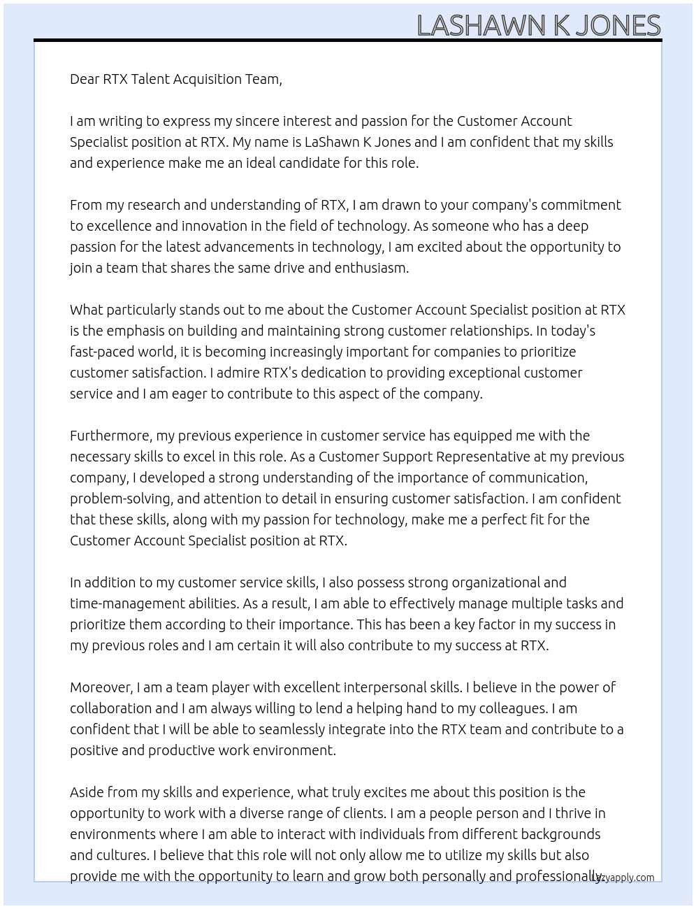 Customer Account Specialist At RTX Cover Letter