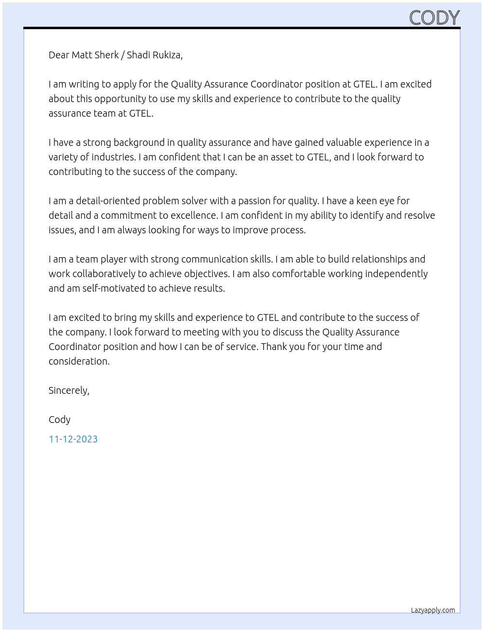 Quality Assurance Coordinator At GTEL Cover Letter