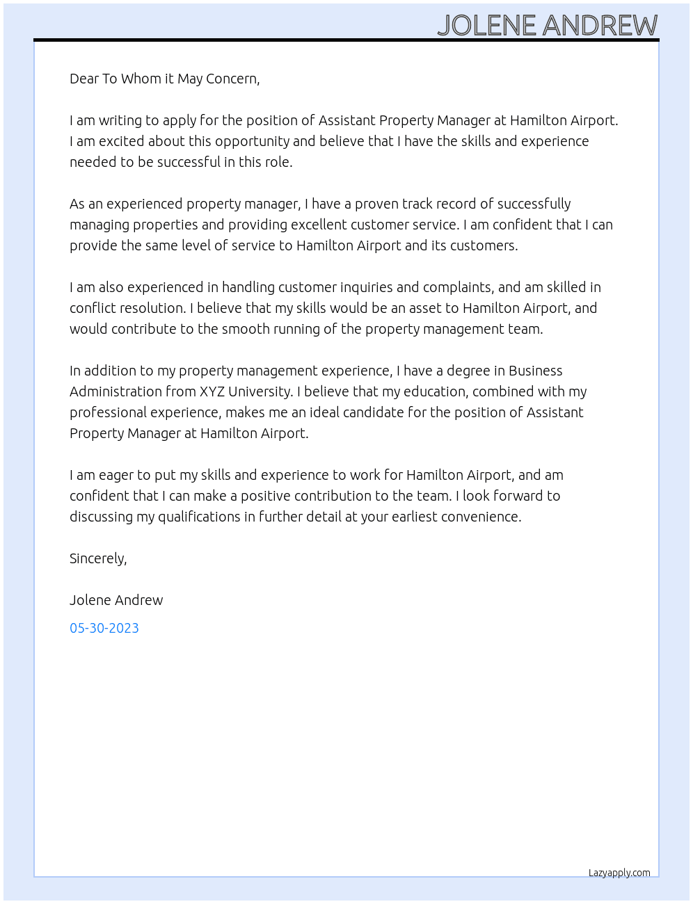Assistant Property manager At Hamilton Airport Cover Letter