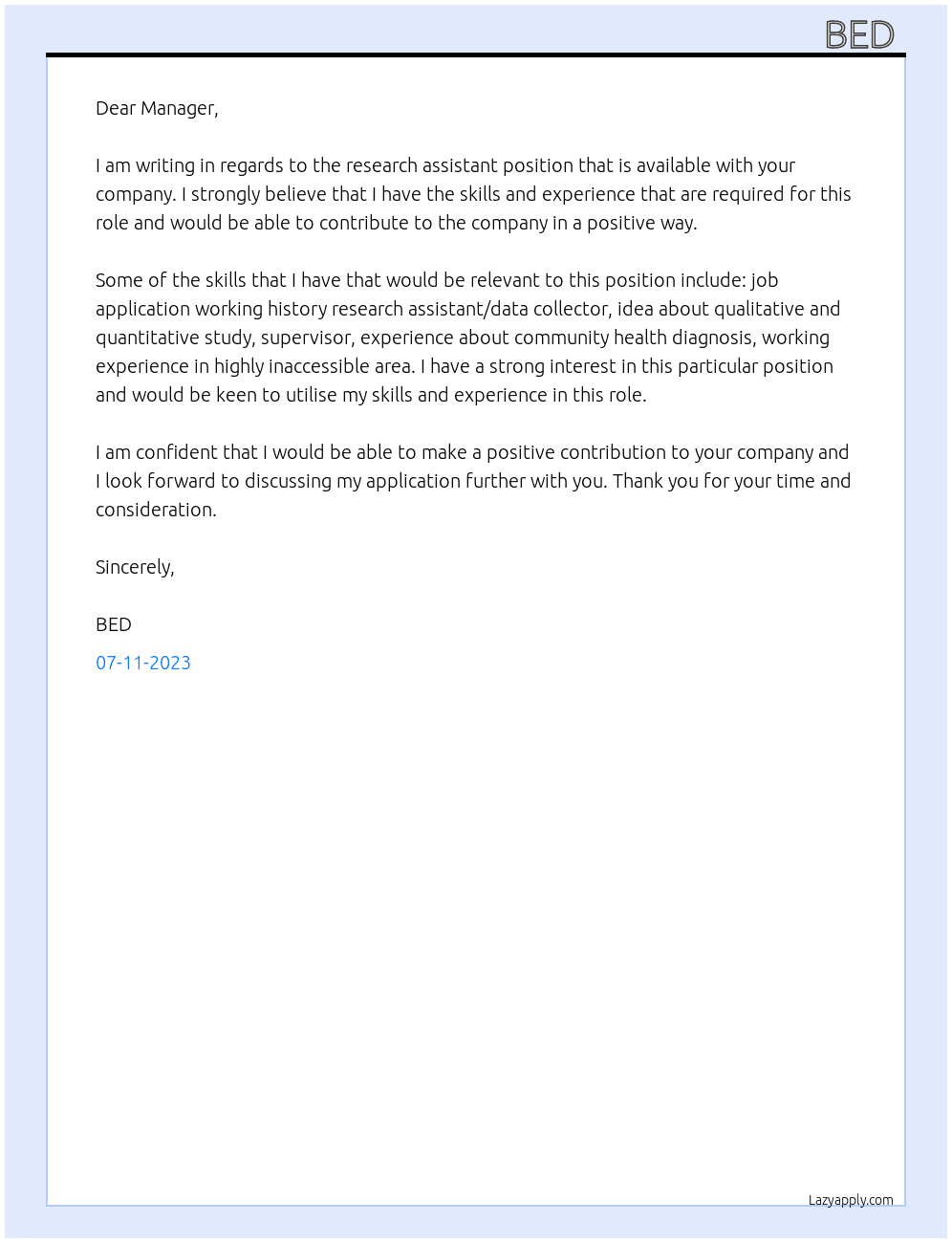 RESEARCH ASSISTANT At T.P.O Nepal Cover Letter