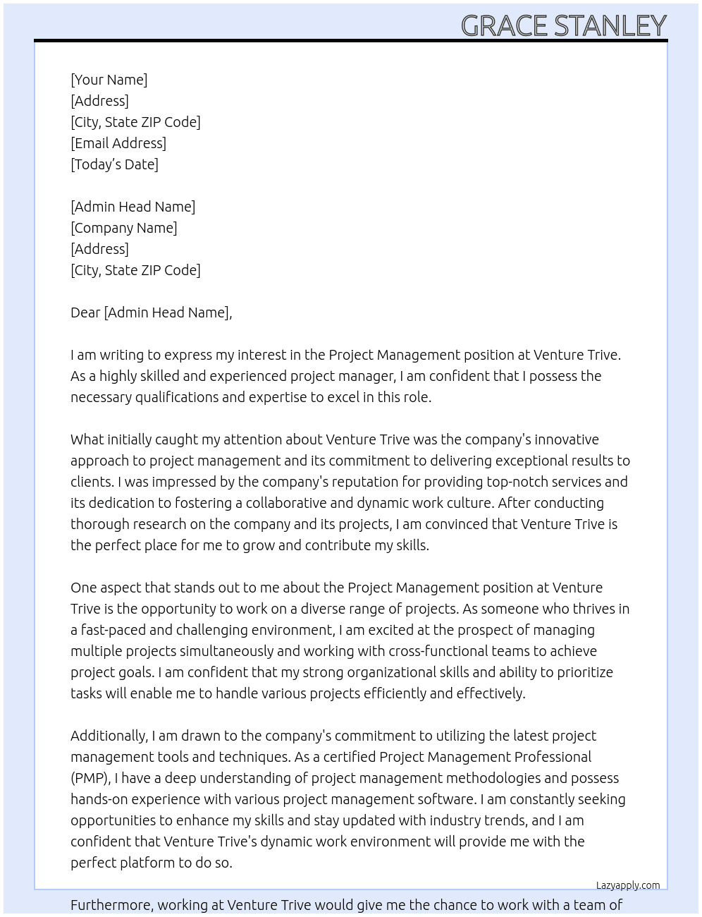 Project management  At Venture trive Cover Letter