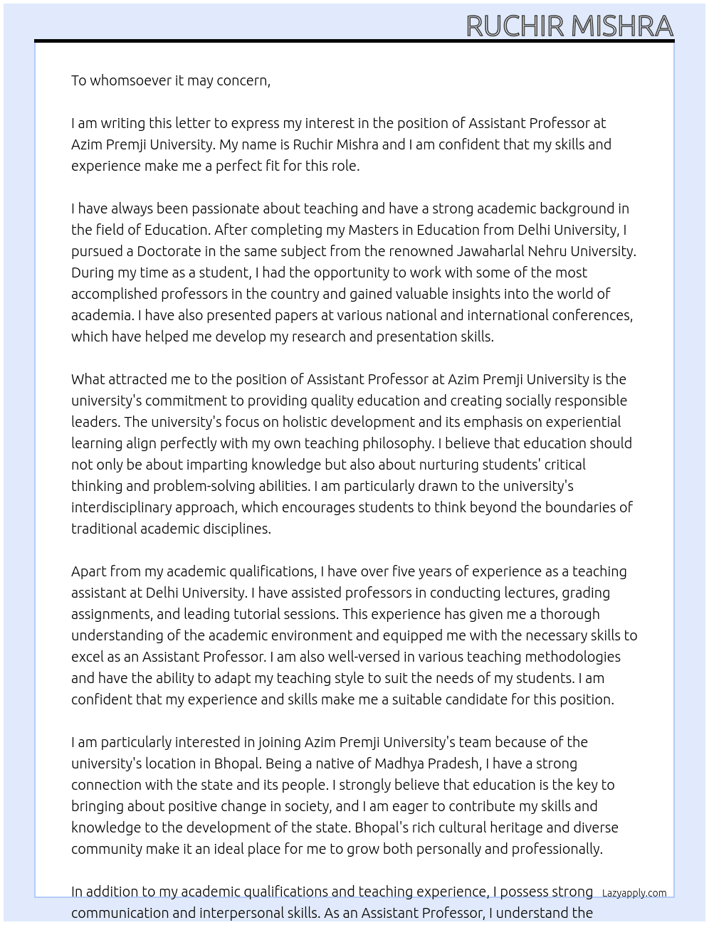 Assistant Professor At Azim Premji University Cover Letter