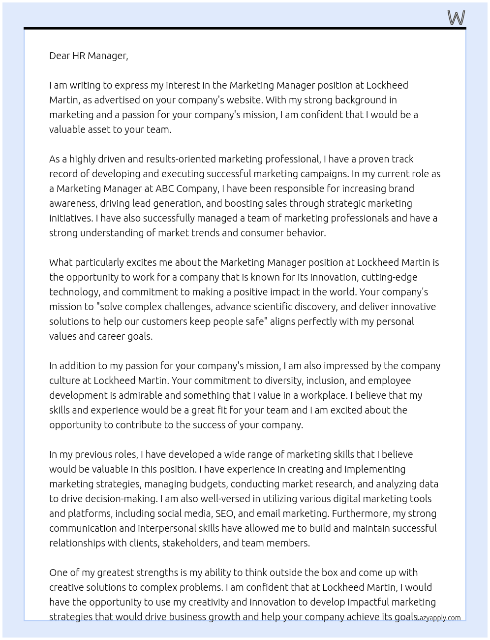 marketing manager At Lockeed Martin Cover Letter
