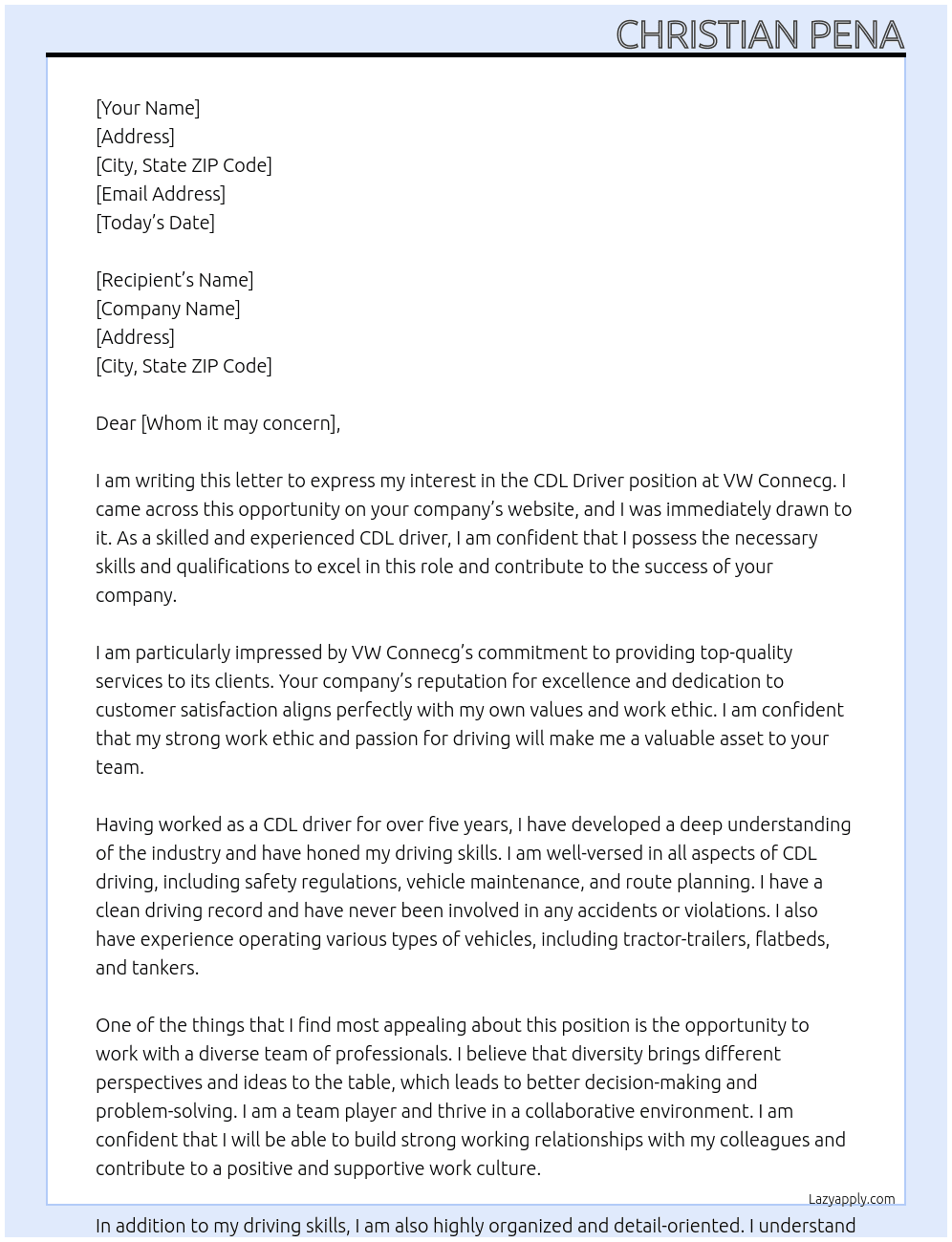 CDL Driver At VW Connecg Cover Letter