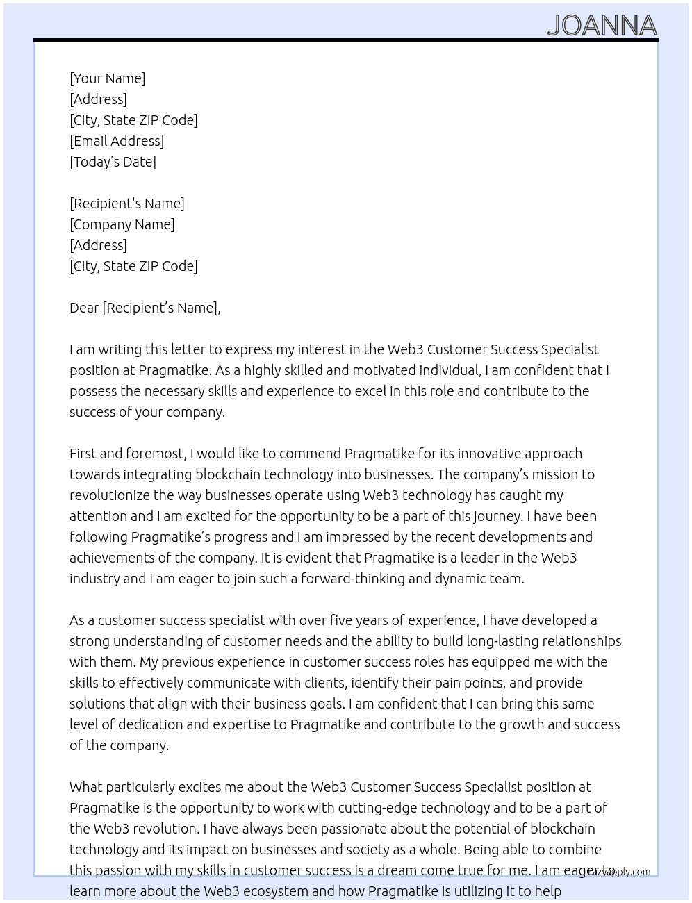 Web3 Customer Success Specialist At pragmatike Cover Letter
