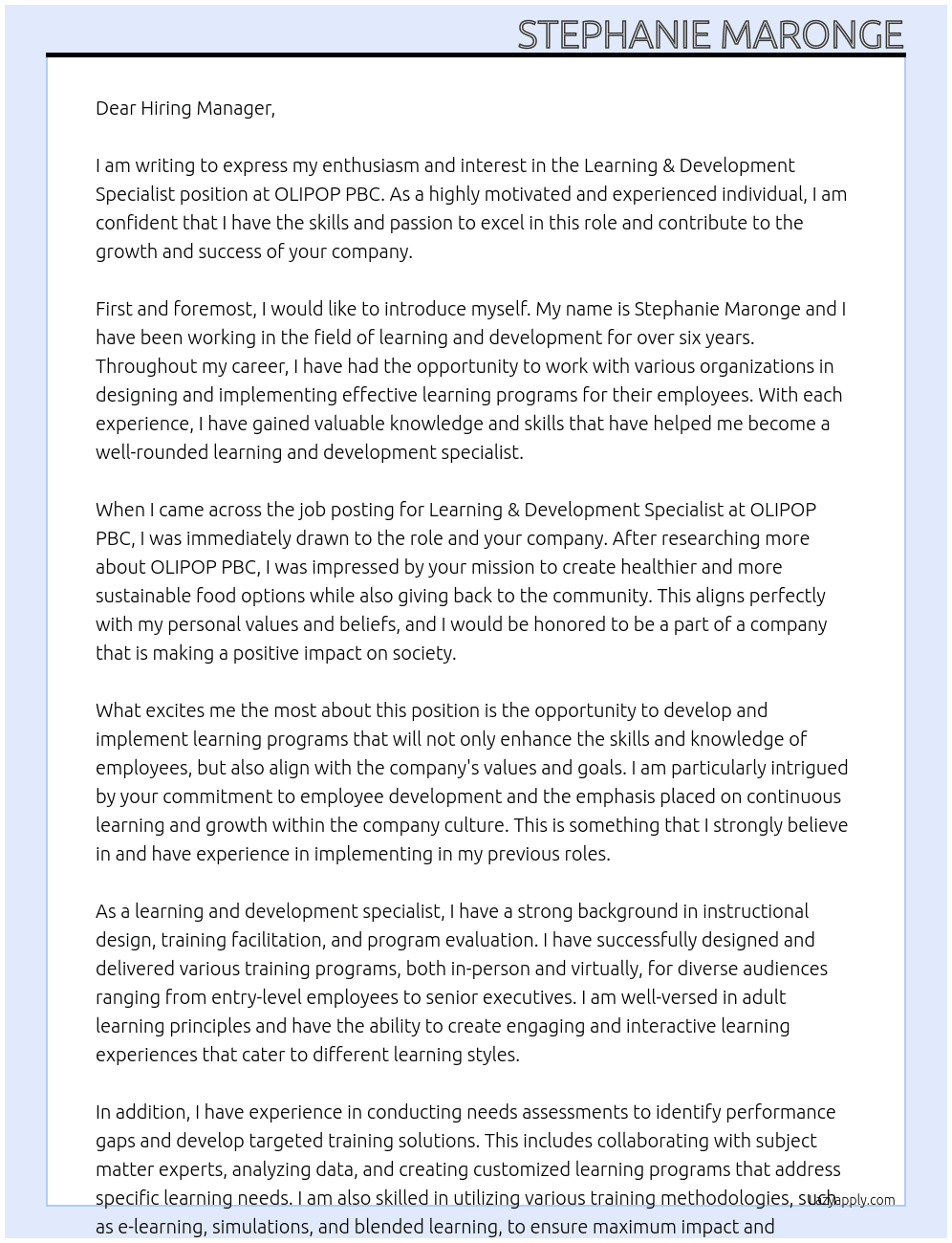Learning & Development Specialist At OLIPOP PBC Cover Letter