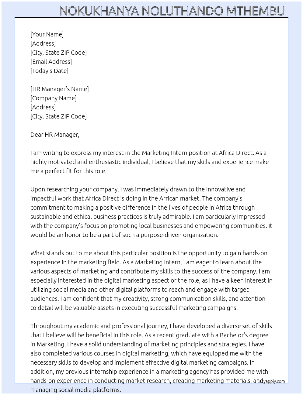 Marketing Intern At Africa Direct Cover Letter