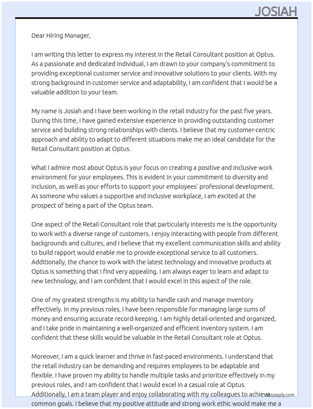 Retail Consultant At Optus Cover Letter
