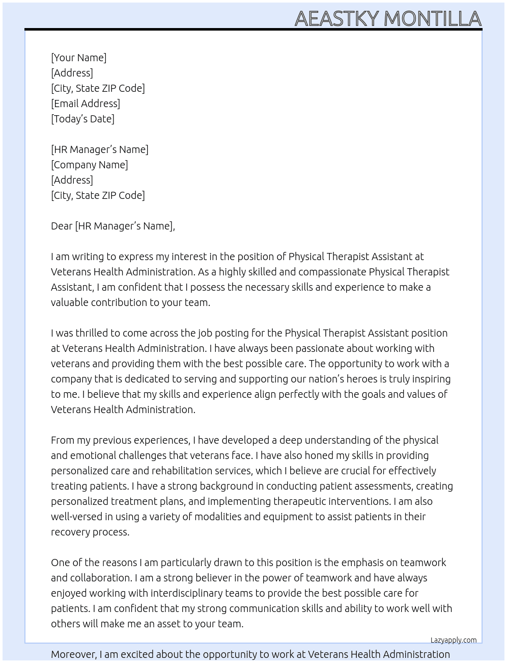 Physical Therapist Assistant At Veterans Health Adminstration Cover Letter