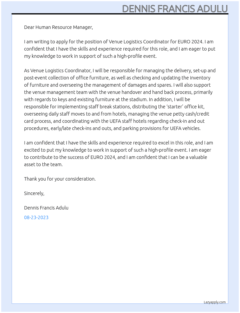 Venue logistics coordinator At EURO 2024 Cover Letter