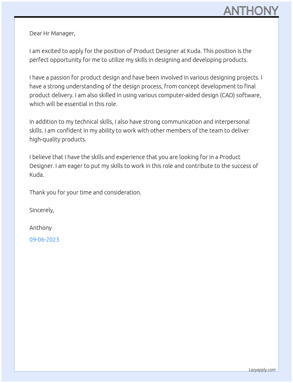 Product designer At Kuda Cover Letter