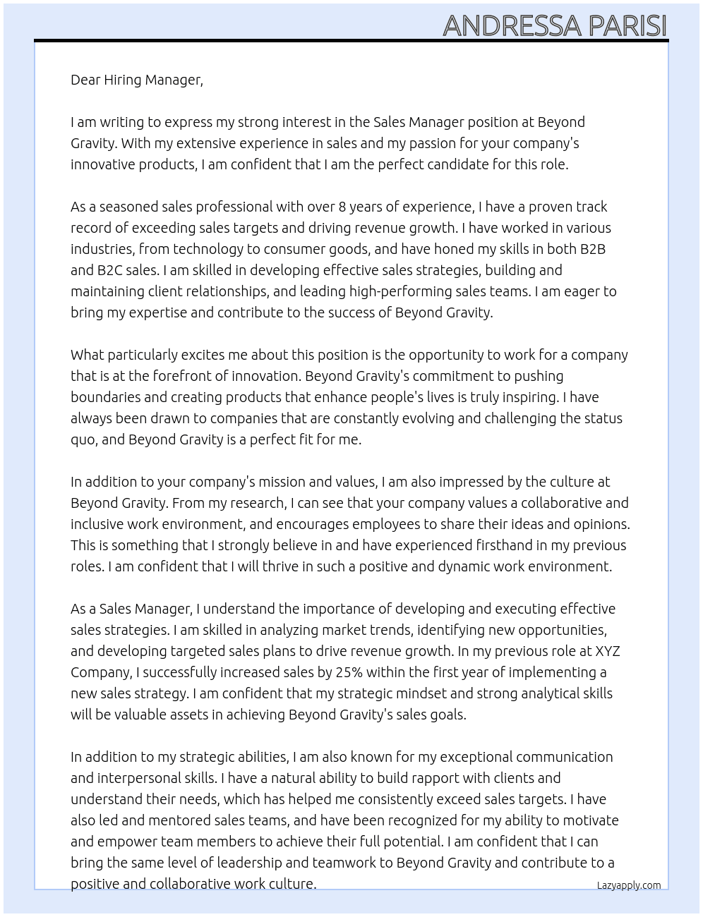 Sales Manager  At Beyond Gravity Cover Letter