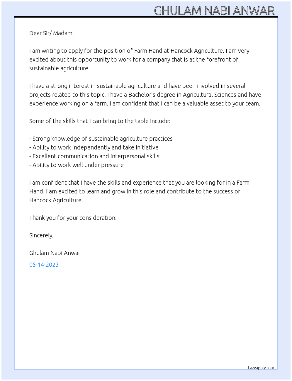 Farm Hand At Hancock Agriculture Cover Letter