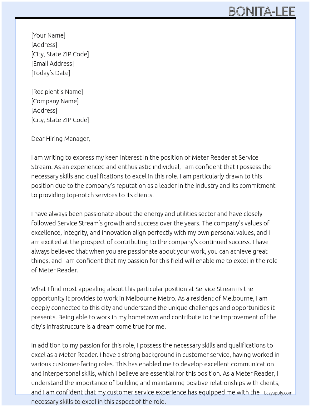 Meter Reader - Melbourne Metro At Service Stream  Cover Letter