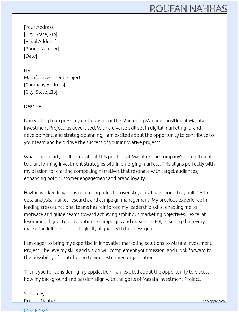 Marketing Manager  At Masafa Investment Project  Cover Letter