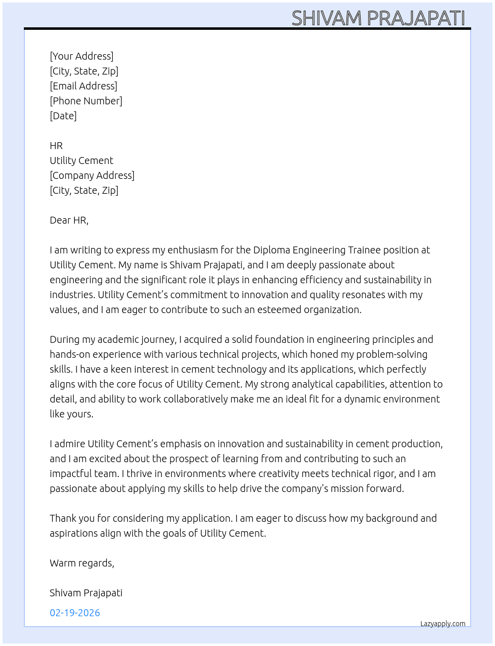 Diploma Engineering Trainee  At Utility Cement  Cover Letter