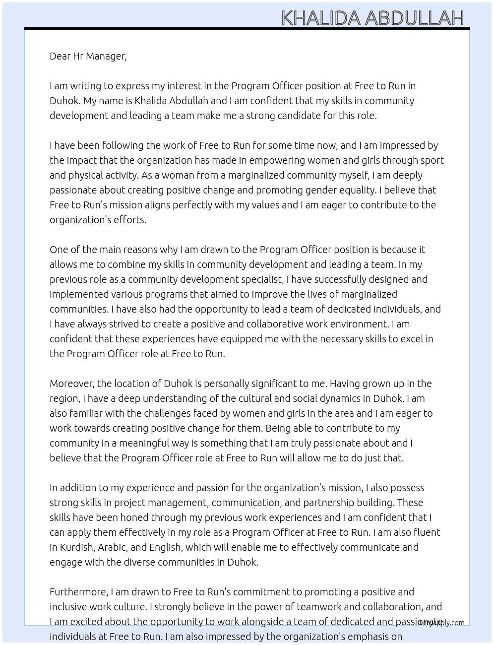 Program Officer  At Free to Run Cover Letter