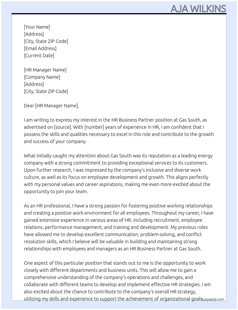 Hr business partner  At Gas south  Cover Letter