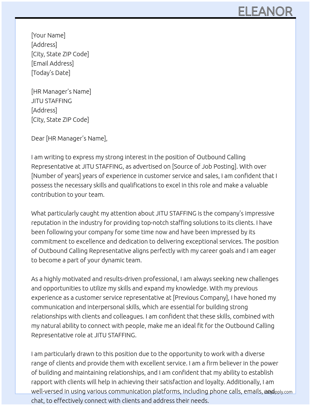 Cover letter for outbound calling representative - LazyApply