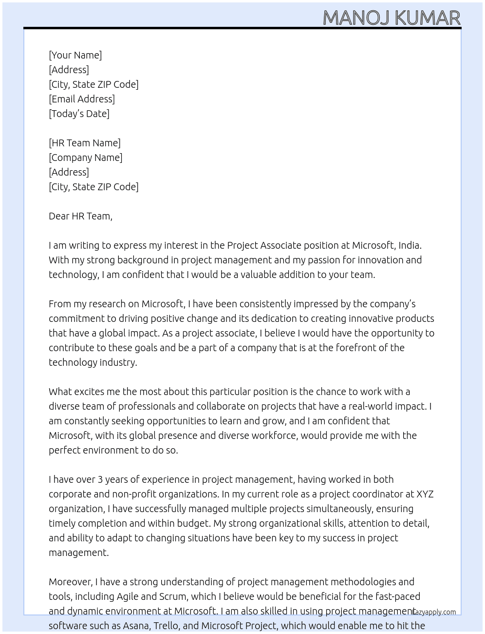 Project Associate At MIcrosoft, India Cover Letter
