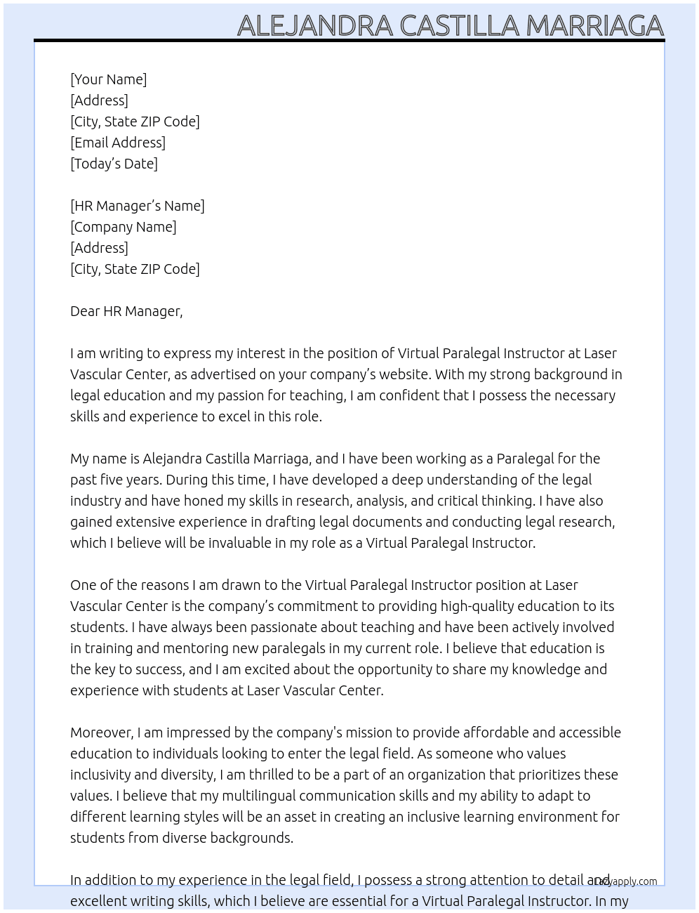 Virtual Paralegal Instructor At Laser Vascular Center Cover Letter