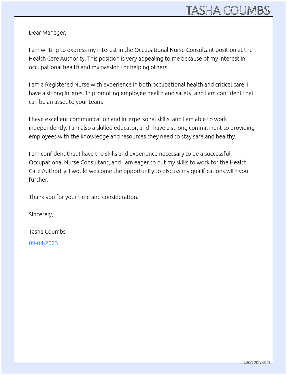 Occupational Nurse Consultant At Health Care Authority  Cover Letter