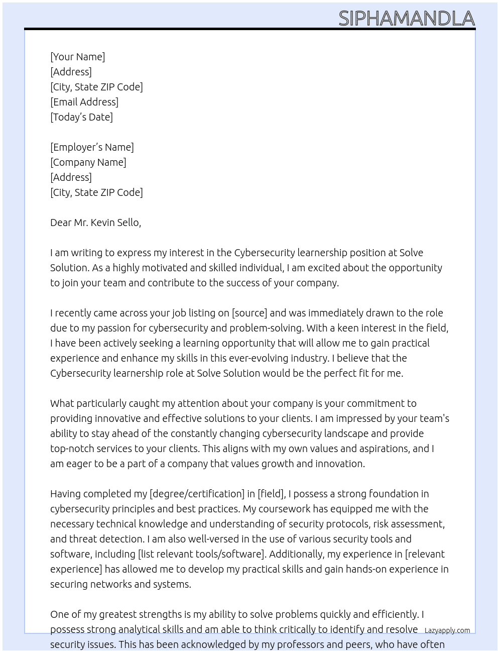 Cybersecurity learnership At Solve Solution Cover Letter