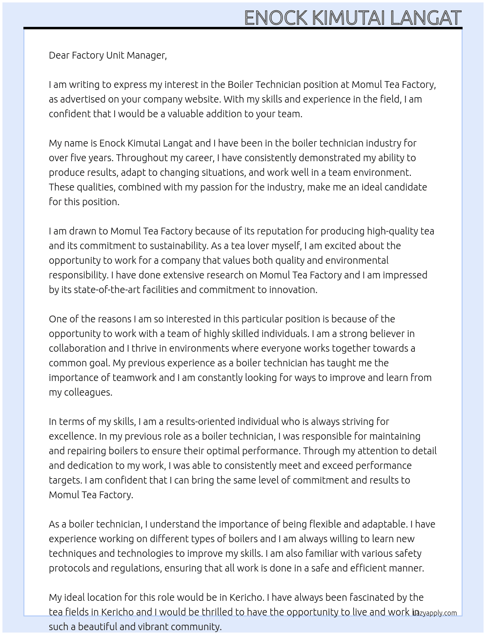 BOILER TECHNICIAN At MOMUL TEA FACTORY Cover Letter