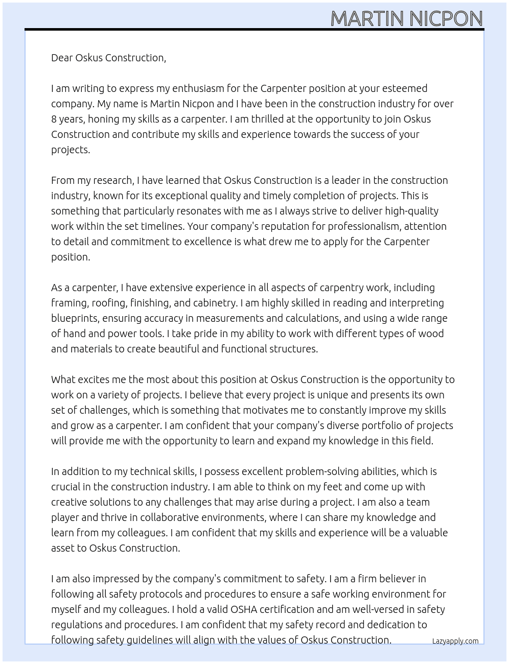 Carpenter At Oskus Construction Cover Letter